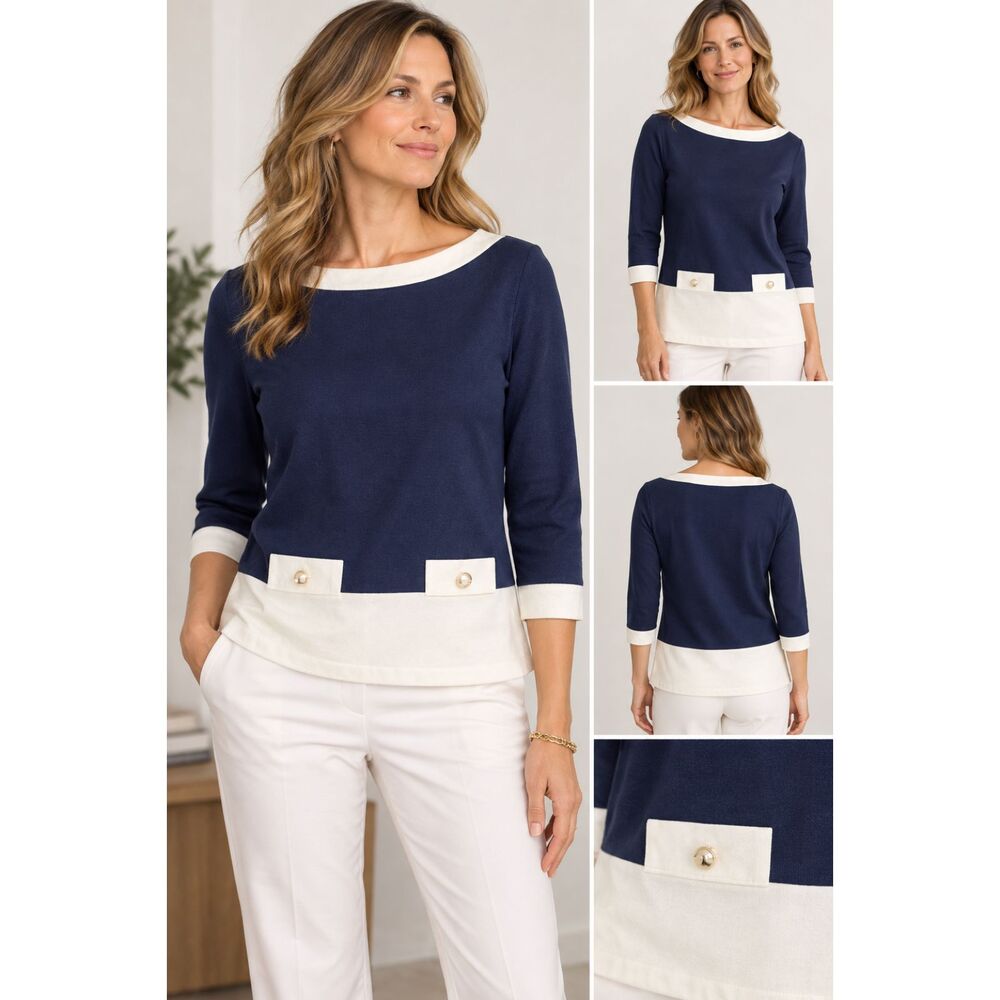 Kate Spade Blue White Boatneck Colorblock Top XS Preppy Nautical Classic